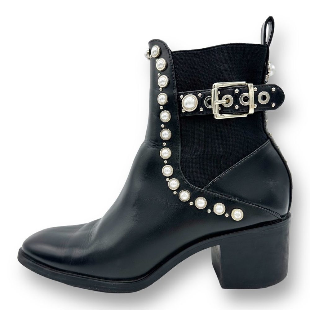 Zara Pearl and Stud Black Botin Mid Heel Ankle‎ Boots 37 US 6.5 - Picture 3 of 14